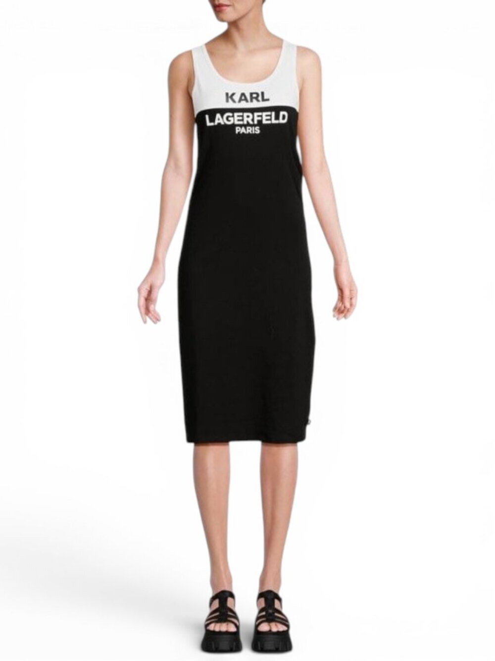 Karl Lagerfeld Paris Black White Colorblock Logo Sleeveless Midi Dress NWT XS M
